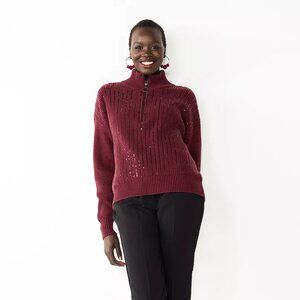 Nine West 1/4 Zip Sweater Womens XS Burgundy Wine Sequin Stripe Knit NWT